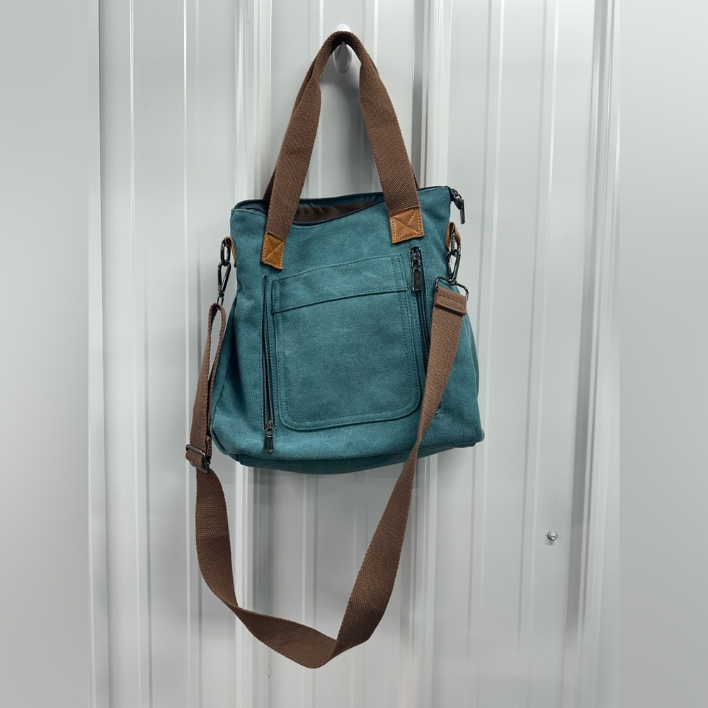 Teal Canvas Multi-Pocket Tote Bag with Brown Straps